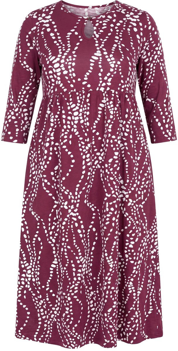 Ulla Popken - Dames - Maxi-jurk grafische print A-lijn ronde hals 3/4-mouwen - Donker wijnrood - Maat 58+