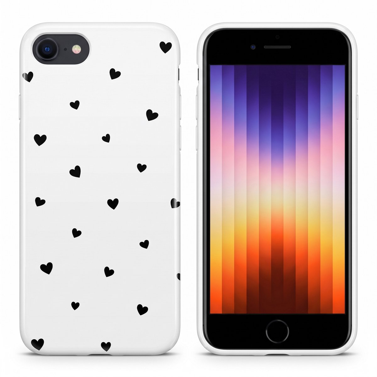 Hoesje geschikt voor iPhone SE 2022 / SE 2020 / 8 / 7 – Mini Hartjes – Exclusief Design – Polycarbonaat – Wit en Zwart