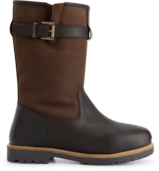 Botte d'extérieur marron foncé avec tige marron, boucle et logo Gore-Tex.