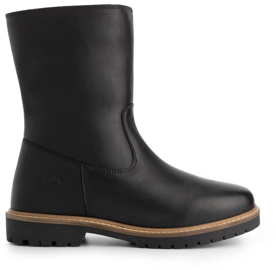 Botte en cuir noir à bout rond, fermeture éclair et semelle beige.