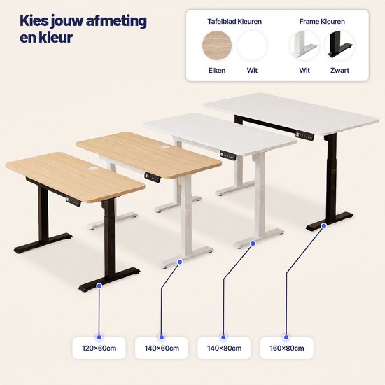 Vier bureaus in verschillende maten: eiken en wit blad, met zwarte en witte frames. Afmetingen 120x60cm tot 160x80cm.