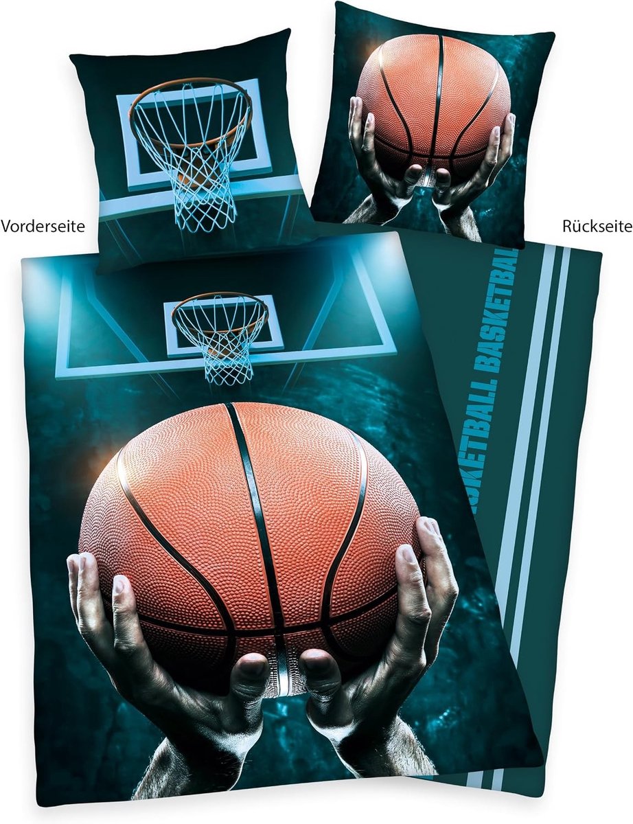 Beddengoedset - Veelkleurig - 140 x 200 cm - Katoen-renforcé met Omkeerbaar Basketbalmotief - Voor Jongeren