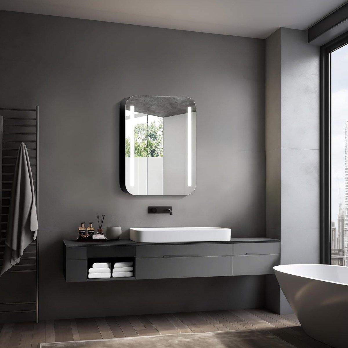 SnelShoppen - Talos Black Linea Verlichte Toiletkast 60x70 cm met Spiegel, Aluminium, 2 Planken, Modern Design voor Badkamer