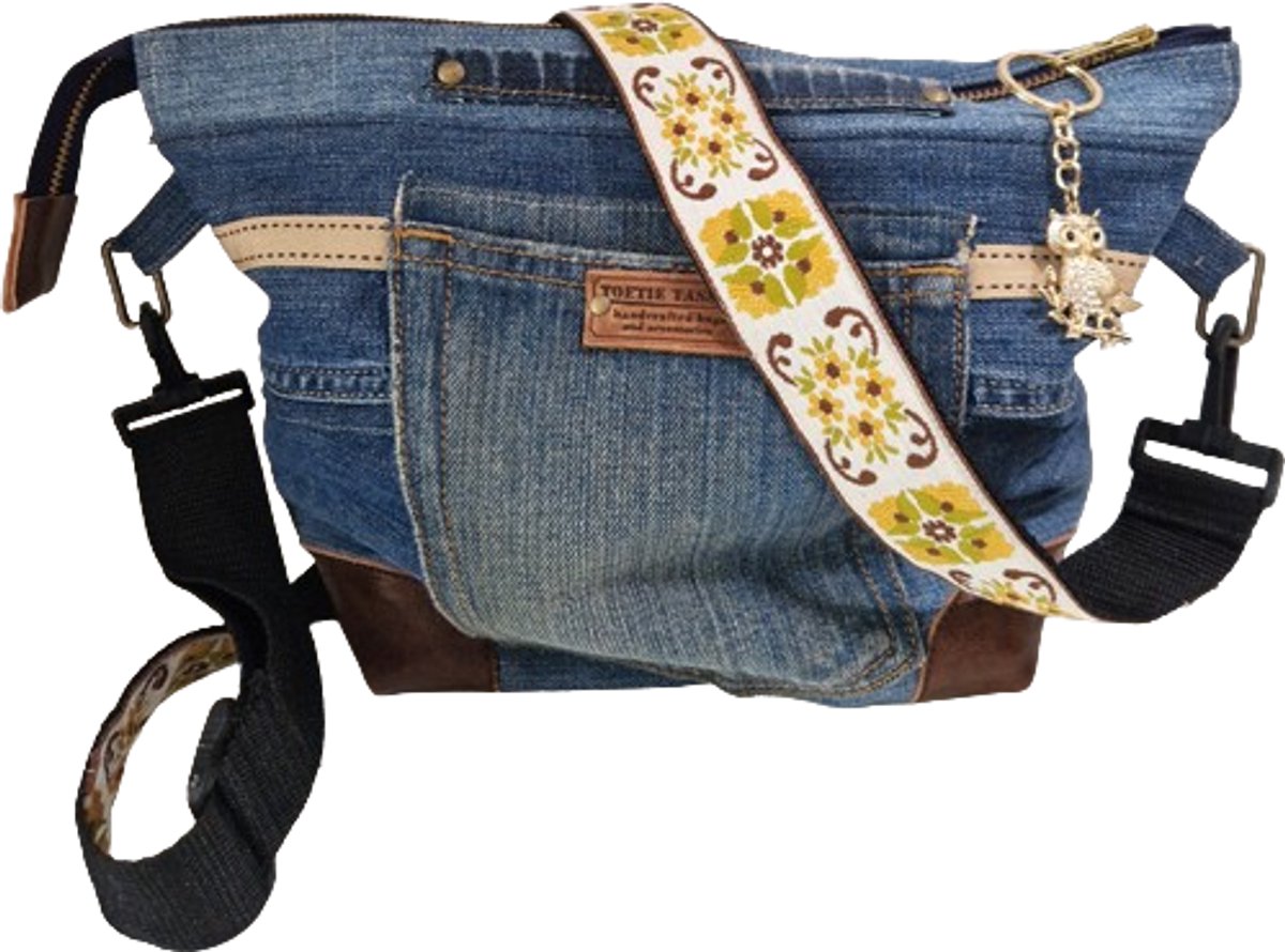 Toetie & Zo - Handgemaakte Tas Jeans - Schoudertas - Crossbodytas - Blauw - Bruin - Leder - 33bx25hx13d