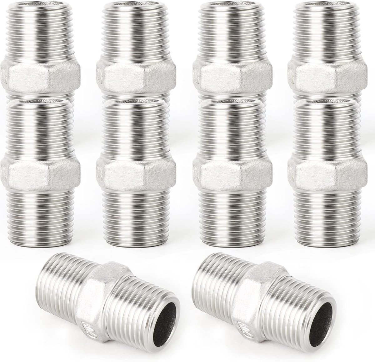10 stuks 1/2" mannelijk naar 1/2" mannelijk BSP-schroefdraad 304 roestvrijstalen zeskantnippel-buisfittingen, rechte connectoradapterfitting