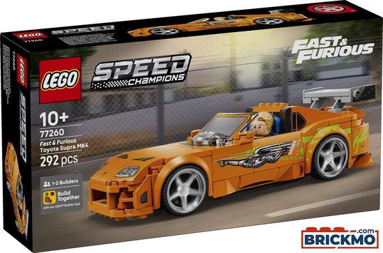 Oranje LEGO Toyota Supra MK4 met minifiguur, LEGO Speed Champions en Fast & Furious logo's op de doos.