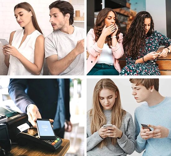 Collage met afbeeldingen van mensen die op hun telefoon kijken, twee kijken stiekem, één betaalt contactloos, één met een vriend die meekijkt.