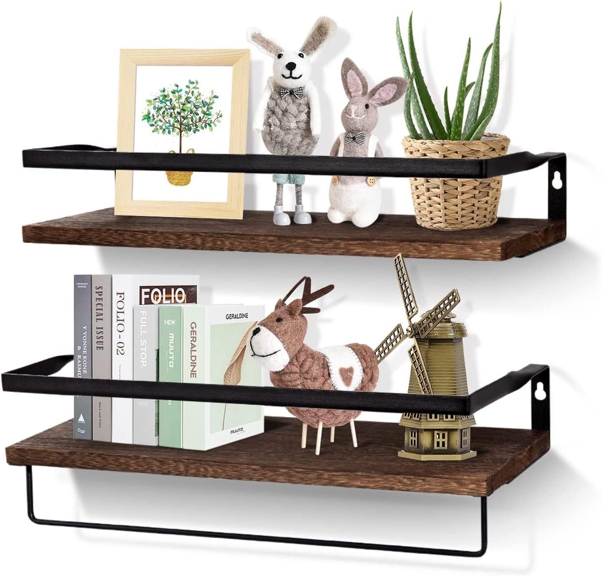 Wandrek, rustiek zwevend rek, hout, metaal, met handdoekhouder, set van 2, voor wandmontage voor slaapkamer, woonkamer, badkamer, keuken, kantoor, bruin, 42 x 15 x 7,5 cm