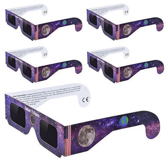 Eclipsbril - Solar Eclipse Glasses - 5 stuks - Kartonnen diffractie spacebrillen - Zonsverduistering - Festival bril - Dames - Heren - Veilig Solar UV & IR Filter Brilopzetstuk - Voor Eclips - Stijl 1