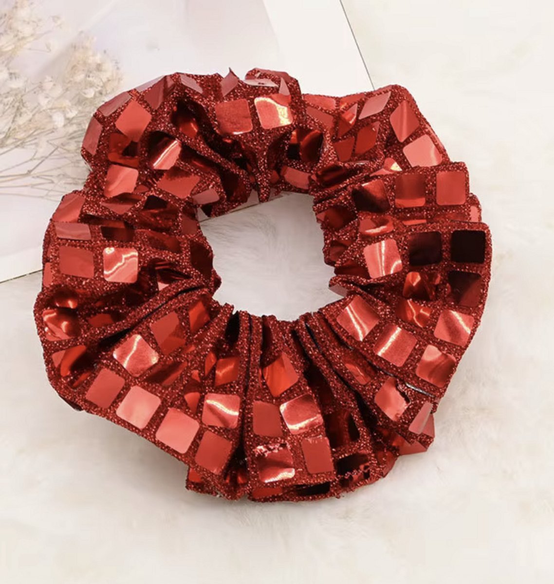 SilverAndCoco® - Rode Glitter Scrunchie / Elastieken Haar strik / Elastiek met Glitters Steentjes / Glamour Haarelastieken Diamantjes Dames / Glitters Kerst Feest Oud en Nieuw Haarbanden Diamand Breed - Rood / Red
