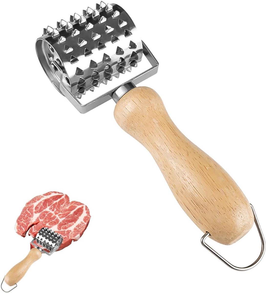 Vleesmaker, 21 cm, vleeshamer roestvrij staal, vleeshamer roestvrij staal met houten handvat, vleeshamer van hout voor het hanteren van vlees zoals steaksnippers