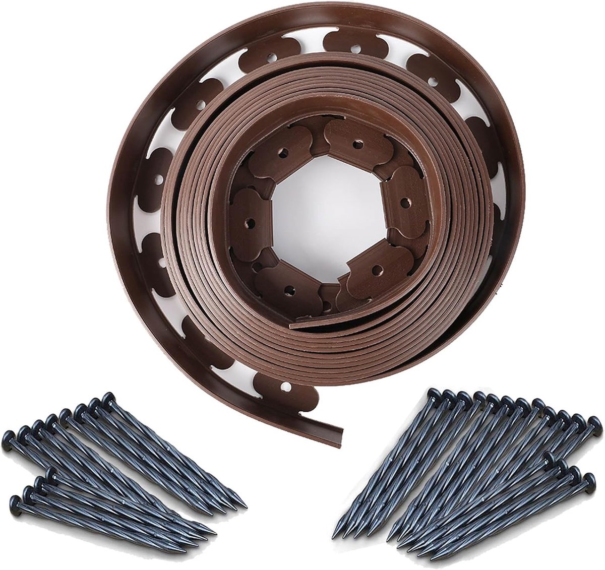 Flexibele gazonrand van kunststof, 10 cm hoog, 10 meter lengte, met 30 grondankers, tuindecoratie, bloembedrand voor bloembegrenzing, verankering, tuinomranding, gazonrandsteen (donkerbruin)
