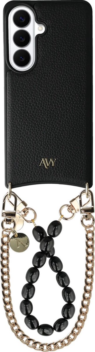 AVY Leren Hoesje Geschikt voor Samsung Galaxy S26 Plus | Compatibel met MagSafe | Leather Case met Telefoonkoord | 2 Polsbandjes | Zwart | Rosario Gold Set