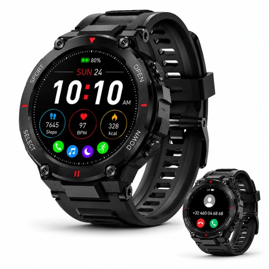 Zwarte smartwatch met 1.39" IPS HD scherm, hartslagmeter en 100+ sportmodi. Toont 10:10, 7645 stappen, 97 BPM, 328 kcal.
