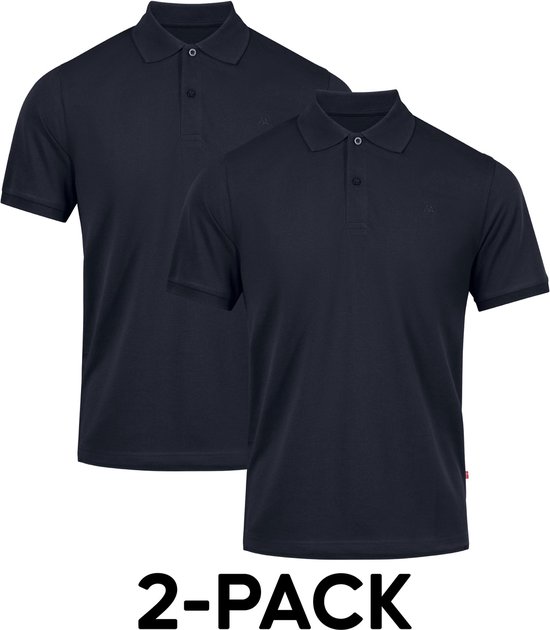 Twee donkerblauwe poloshirts voor heren met korte mouwen, gepresenteerd op een witte achtergrond. "2-PACK".