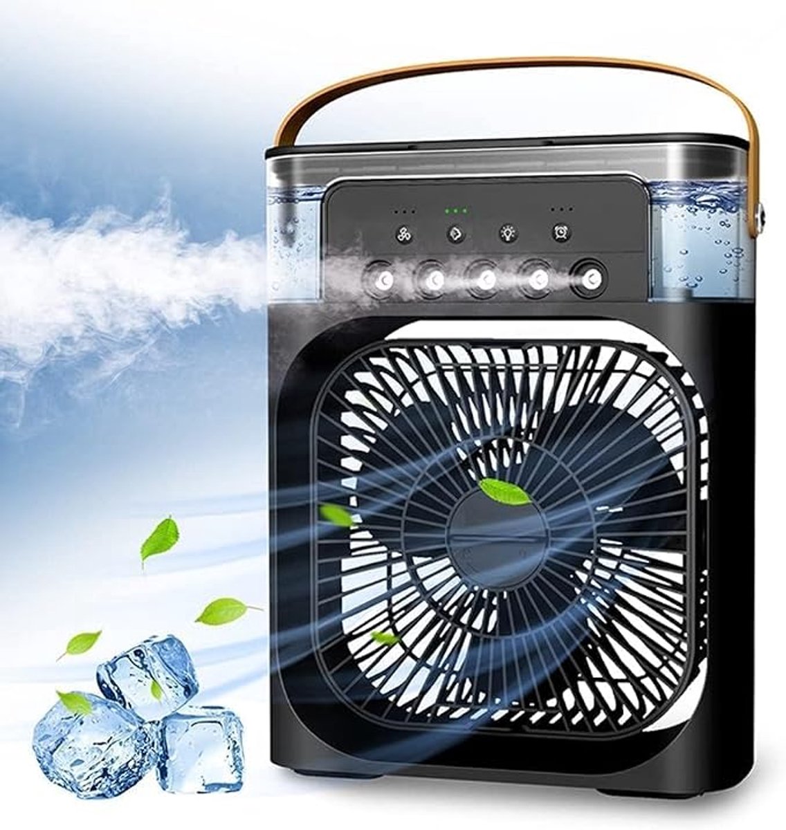 Draagbare ventilator - Stille werking - Drie windsnelheden - LED-verlichting - Luchtbevochtiger - Ventilator voor thuis - Bureauventilator - Zwart