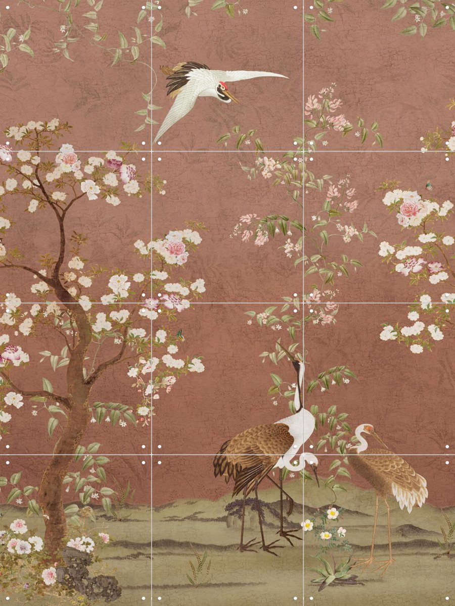 IXXI Chinoiserie Birds And Blossom Trees Terracotta, Bloomery Decor - 60 x 80 cm - Gratis ophangtool - Grote wanddecoratie en posters - Ukiyo-e