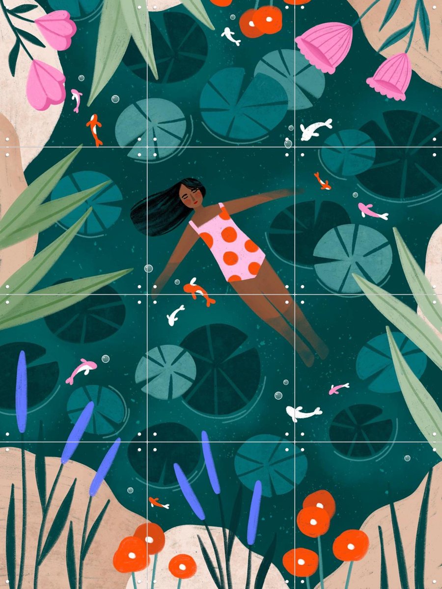 IXXI Wild Swimming, Bea Müller & Various - 60 x 80 cm - Gratis ophangtool - Grote wanddecoratie en posters - Modern, Kleurrijk, Speels, Illustraties