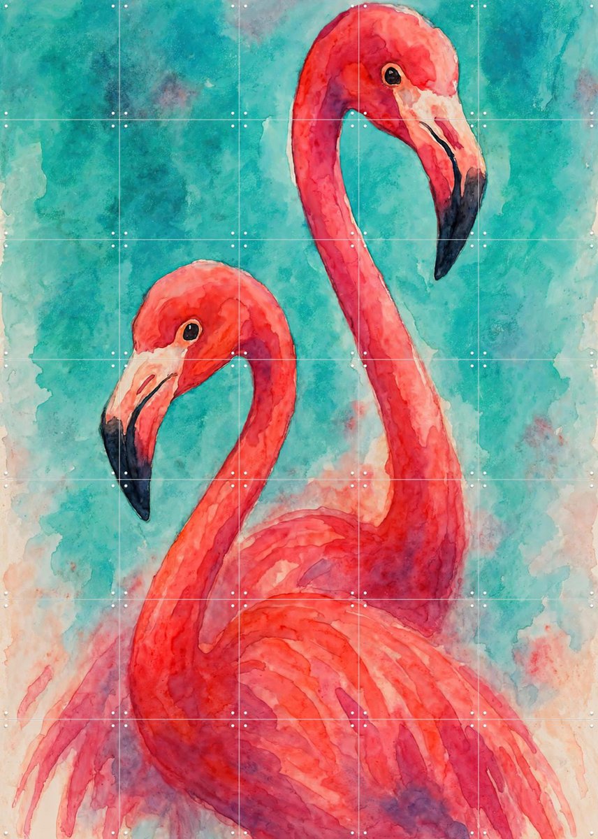 IXXI Twee Exotische Roze Flamingo's, Natalie Bruns - 100 x 140 cm - Gratis ophangtool - Grote wanddecoratie en posters - Schilderijen, Aquarel