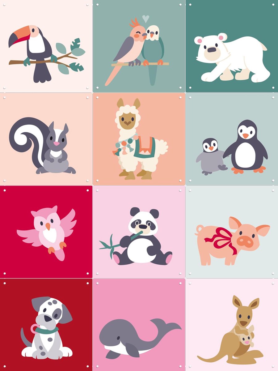 IXXI Cute Animals Collagebox, Eline Pellinkhof - 60 x 80 cm - Gratis ophangtool - Grote wanddecoratie en posters - Decoratieve kunsten, Kleurrijk, Pop
