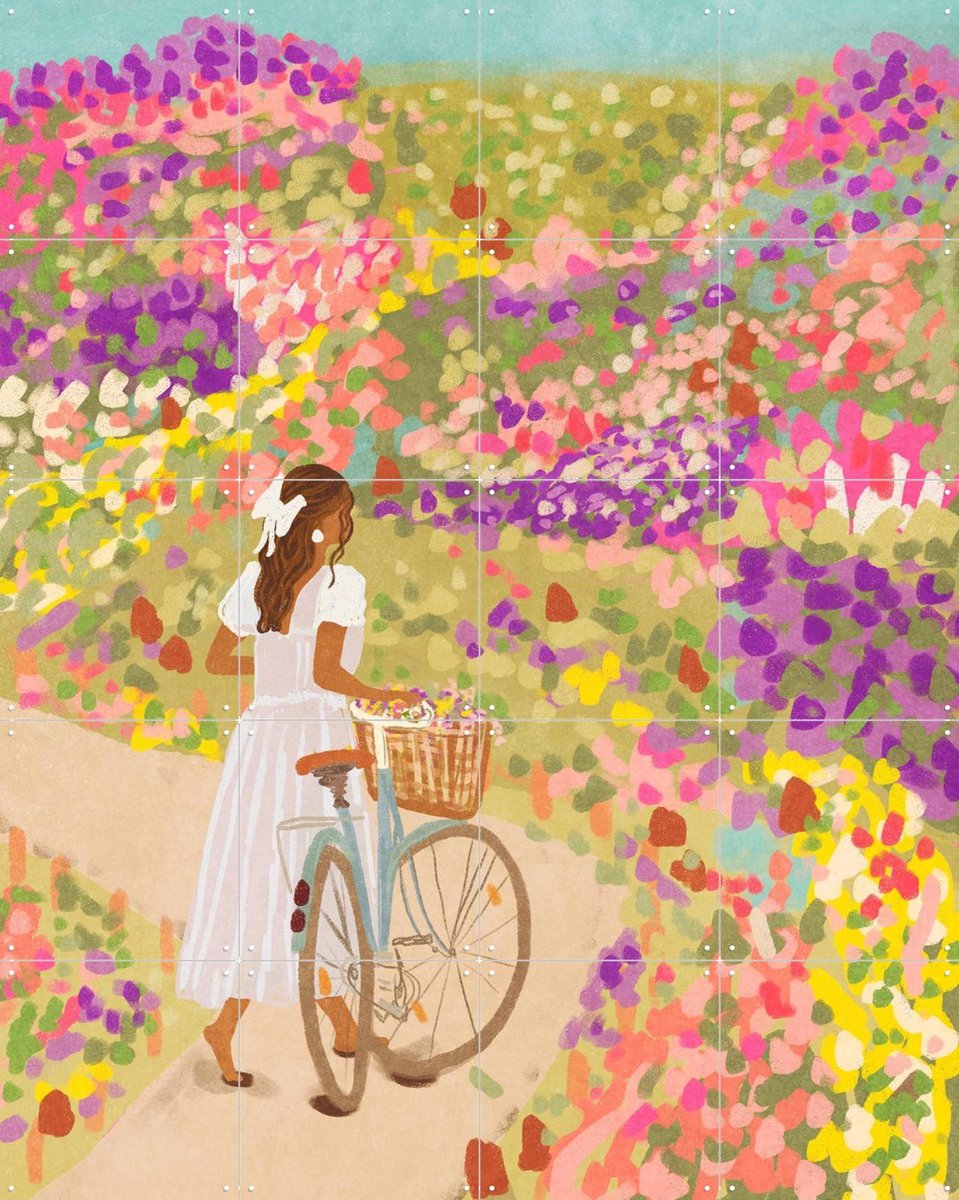 IXXI Cycling through the Flower Meadows, Raissa Oltmanns - 80 x 100 cm - Gratis ophangtool - Grote wanddecoratie en posters - Kleurrijk, Fantasierijk