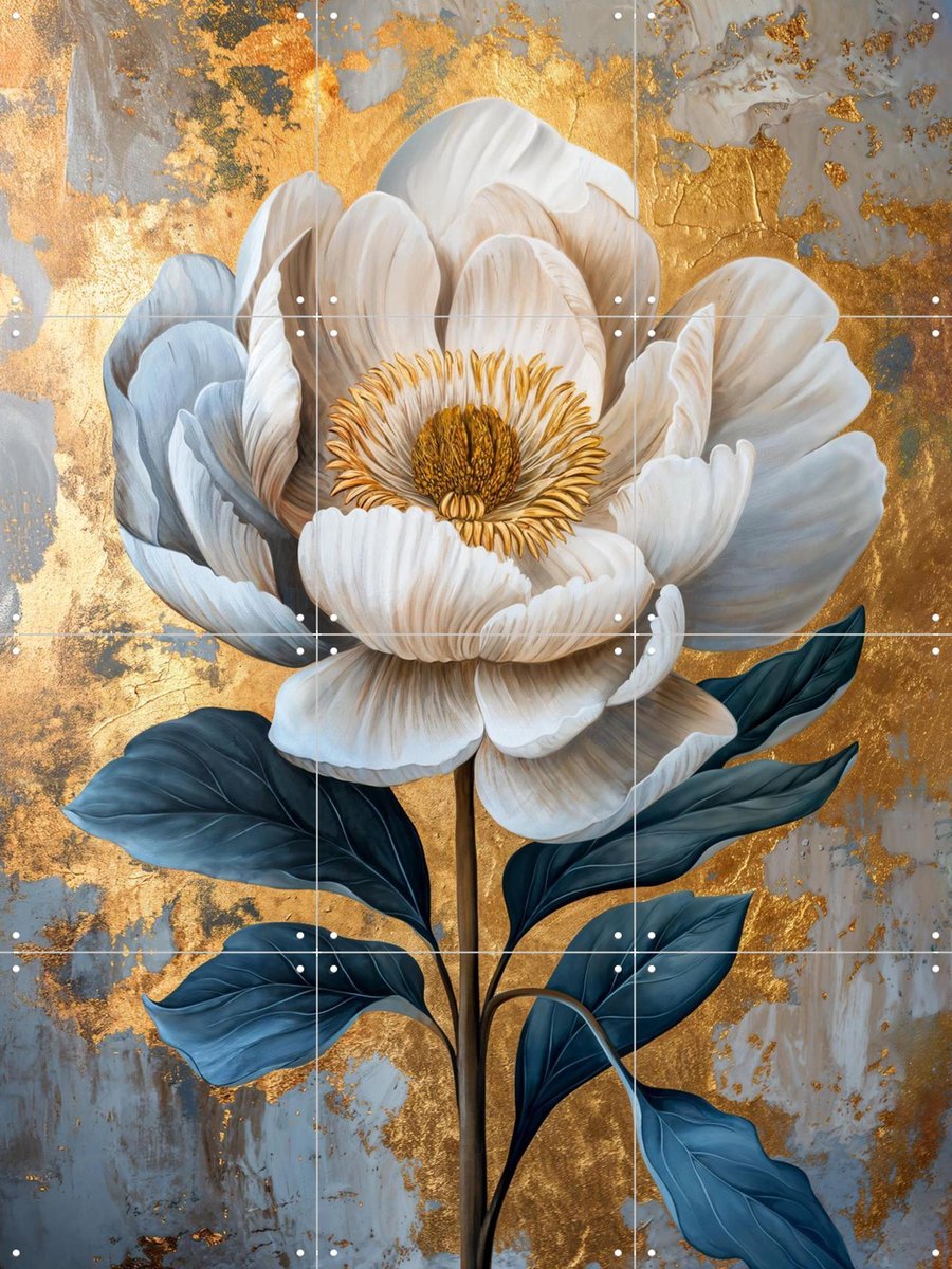 IXXI White Flower Gold, OTTI - 60 x 80 cm - Gratis ophangtool - Grote wanddecoratie en posters - Klassiek, Eetkamer, Slaapkamer, Woonkamer, Bloemen