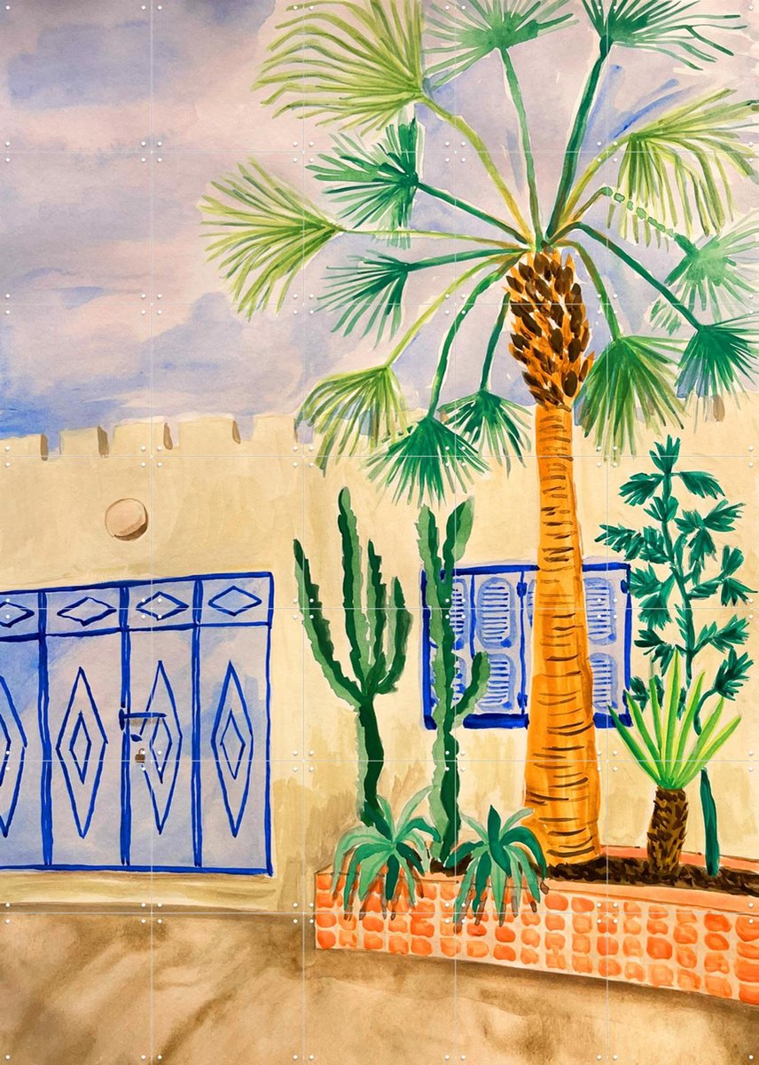 IXXI Morrocan Street, Palmartprints - 100 x 140 cm - Gratis ophangtool - Grote wanddecoratie en posters - Kwaststreken, Aquarel, Kleurrijk, Woonkamer