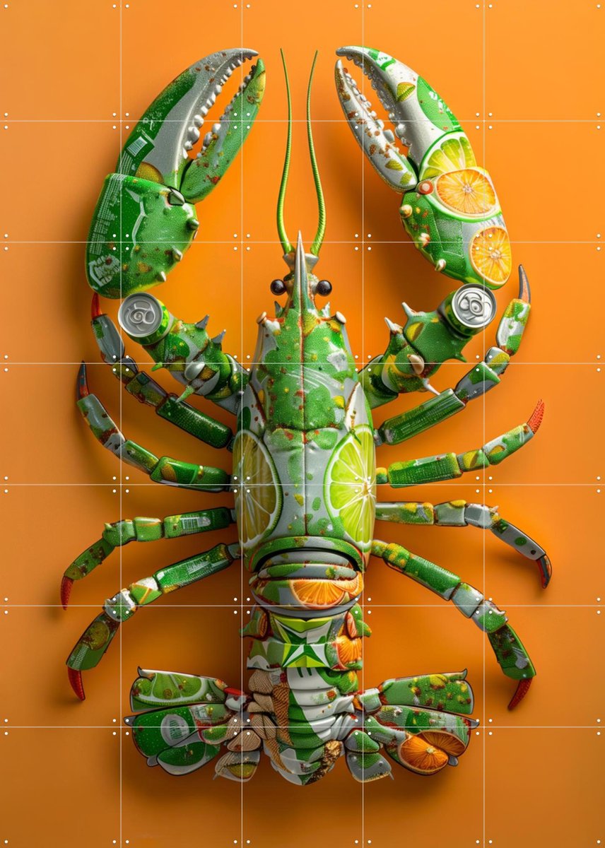 IXXI Green Lobster - Recycled Art with Cans, OTTI - 100 x 140 cm - Gratis ophangtool - Grote wanddecoratie en posters - Speels, Keuken, Woonkamer
