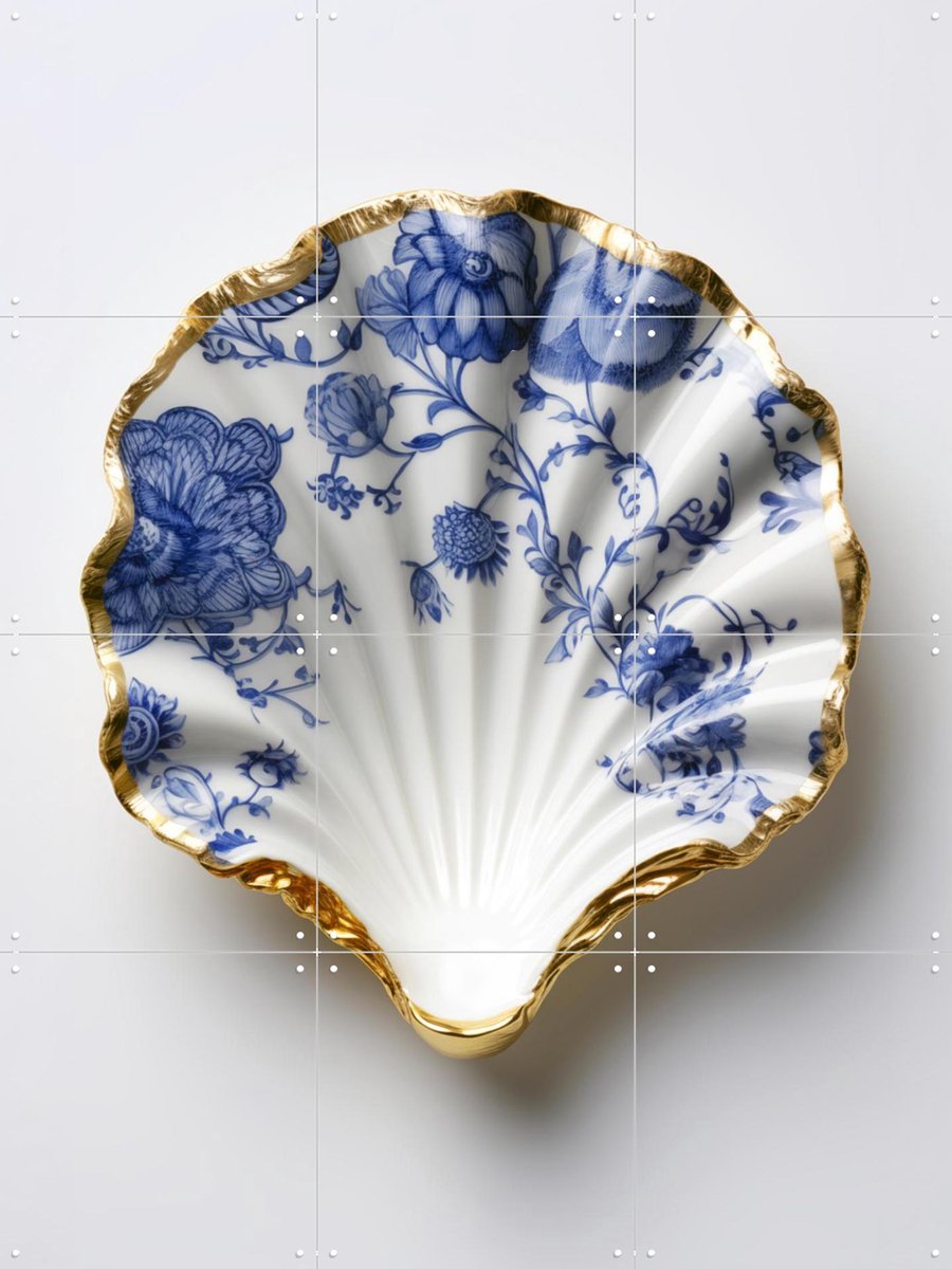 IXXI Delft Blue Shell with Gold Edge and Floral Pattern, OTTI - 60 x 80 cm - Gratis ophangtool - Grote wanddecoratie en posters - Decoratieve kunsten