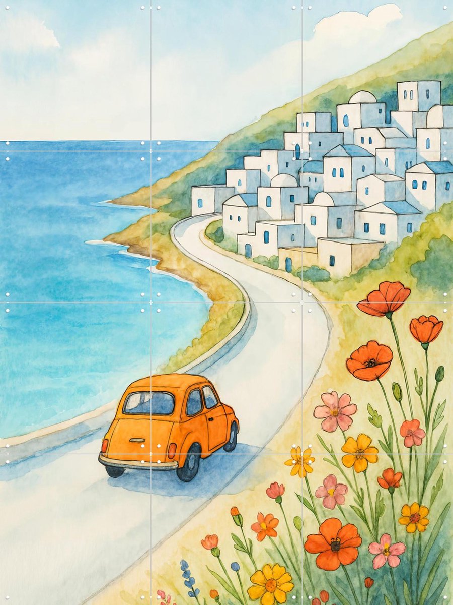 IXXI Zomerse Roadtrip aan Zee, Natalie Bruns - 60 x 80 cm - Gratis ophangtool - Grote wanddecoratie en posters - Aquarel, Woonkamer, Strandhuis, Gang