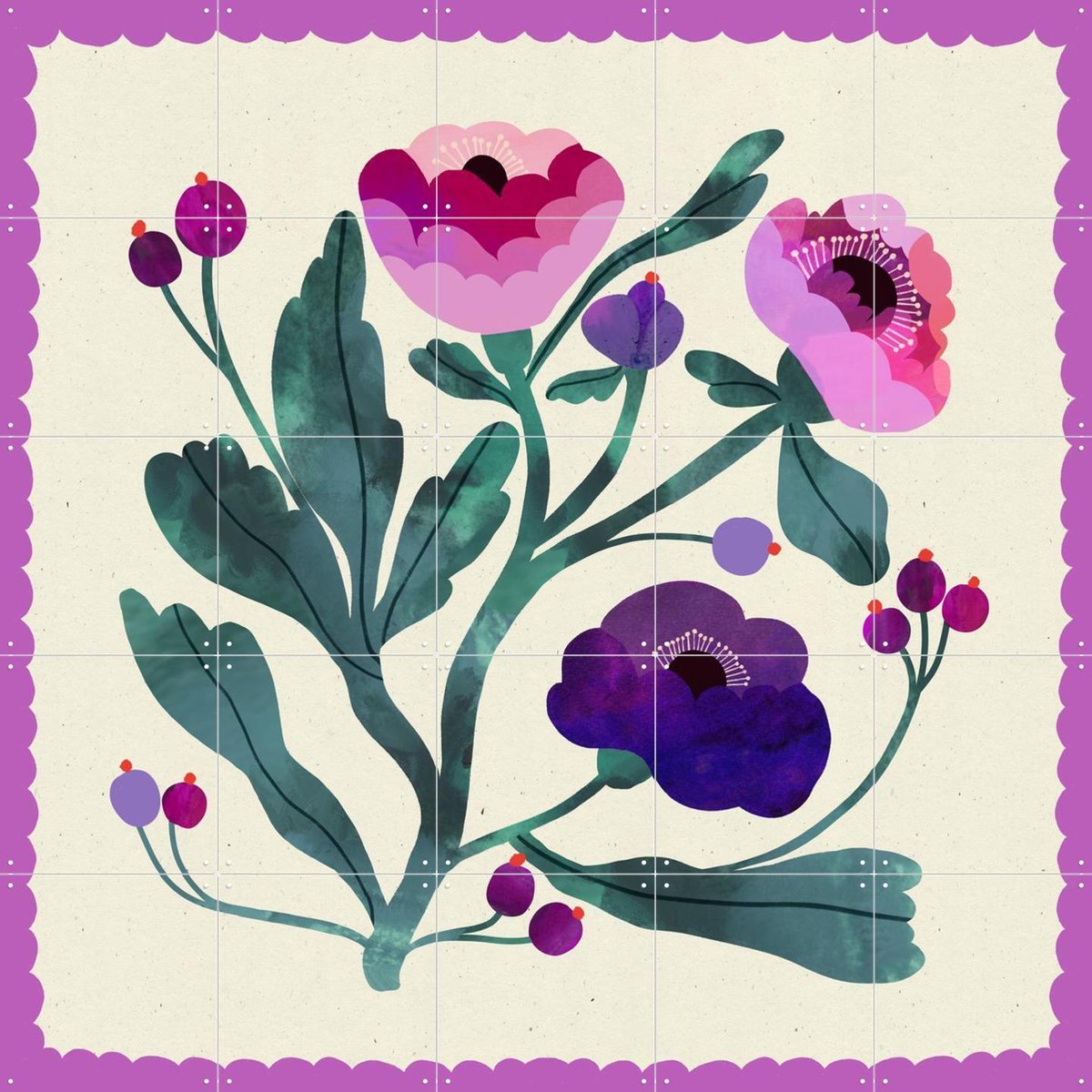 IXXI Violet Flower, Lena Addink - 100 x 100 cm - Gratis ophangtool - Grote wanddecoratie en posters - Illustraties, Fantasierijk, Speels, Woonkamer