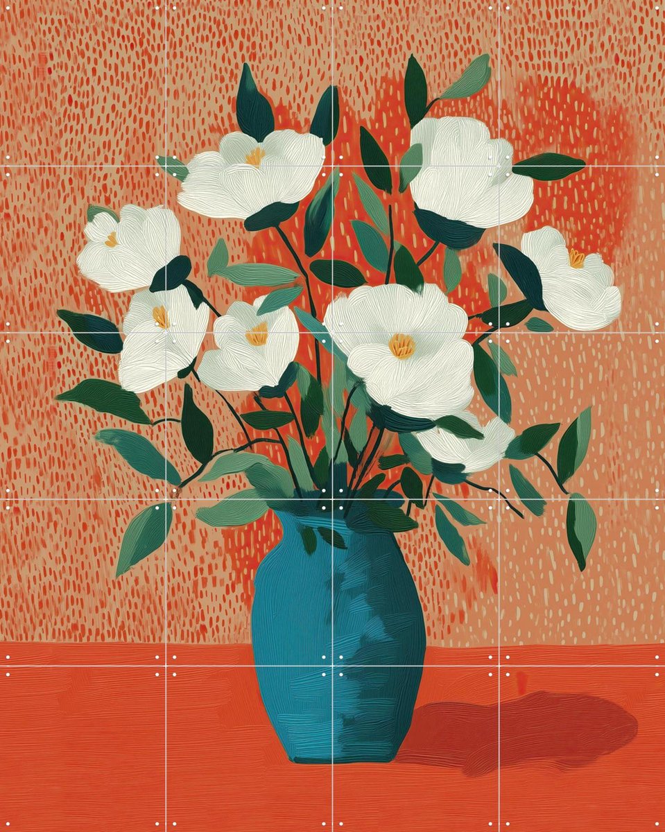 IXXI White Blossoms in Blue Vase, Branka Kodžoman - 80 x 100 cm - Gratis ophangtool - Grote wanddecoratie en posters - Kleurrijk, Kwaststreken