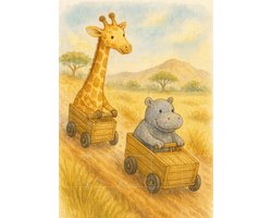 IXXI Giraf en Nijlpaard houden Zeepkistenrace, Natalie Bruns - 100 x 140 cm - Gratis ophangtool - Grote wanddecoratie en posters - Illustraties