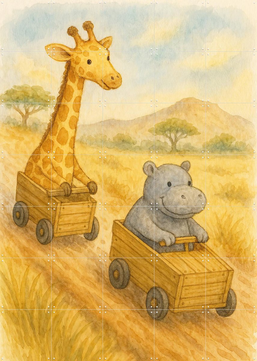 IXXI Giraf en Nijlpaard houden Zeepkistenrace, Natalie Bruns - 100 x 140 cm - Gratis ophangtool - Grote wanddecoratie en posters - Illustraties