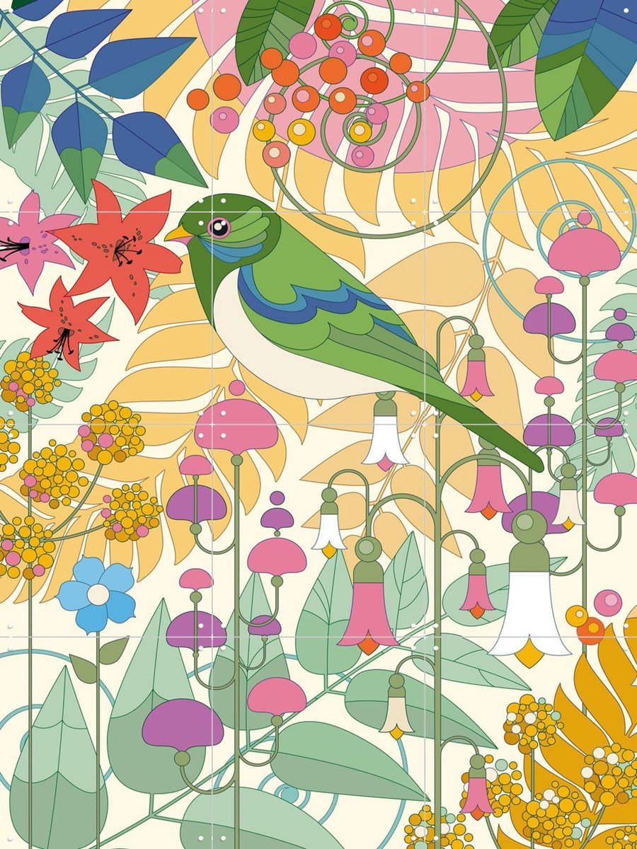 IXXI Evening Bird with Flowers, Bo Lundberg - 60 x 80 cm - Gratis ophangtool - Grote wanddecoratie en posters - Kleurrijk, Speels, Modern, Badkamer