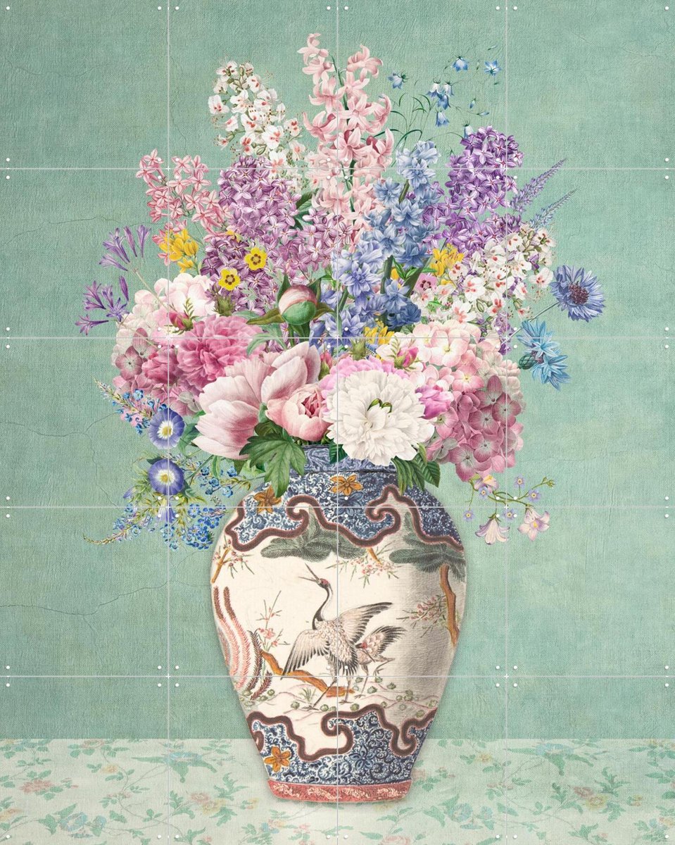 IXXI Vintage Floral Chinoiserie Vase, Bloomery Decor - 80 x 100 cm - Gratis ophangtool - Grote wanddecoratie en posters - Decoratieve kunsten