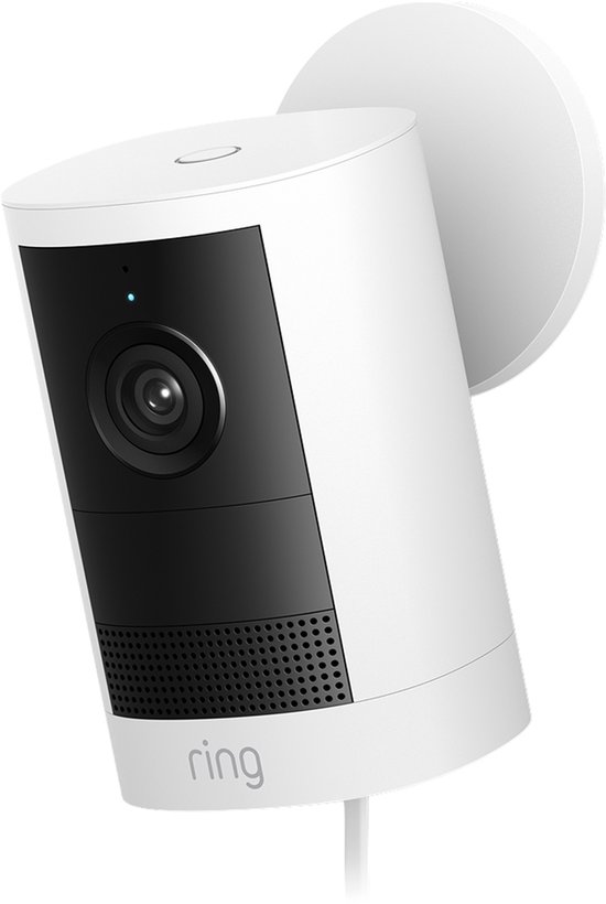 Witte Ring camera met zwarte voorkant, gemonteerd op een witte steun.