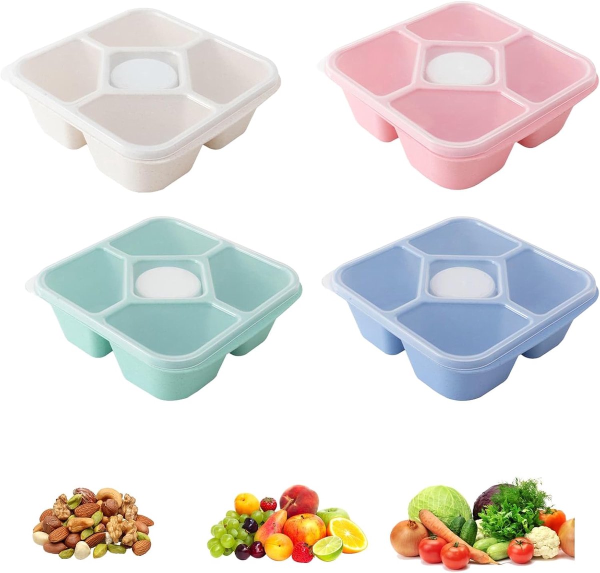 KZQ 4-delige snackboxset - lunchbox - sausbakje - vijf compartimenten - lekvrij - BPA-vrij - vaatwasser- en magnetronbestendig - geschikt voor in de keuken en onderweg - roze/beige/groen/blauw