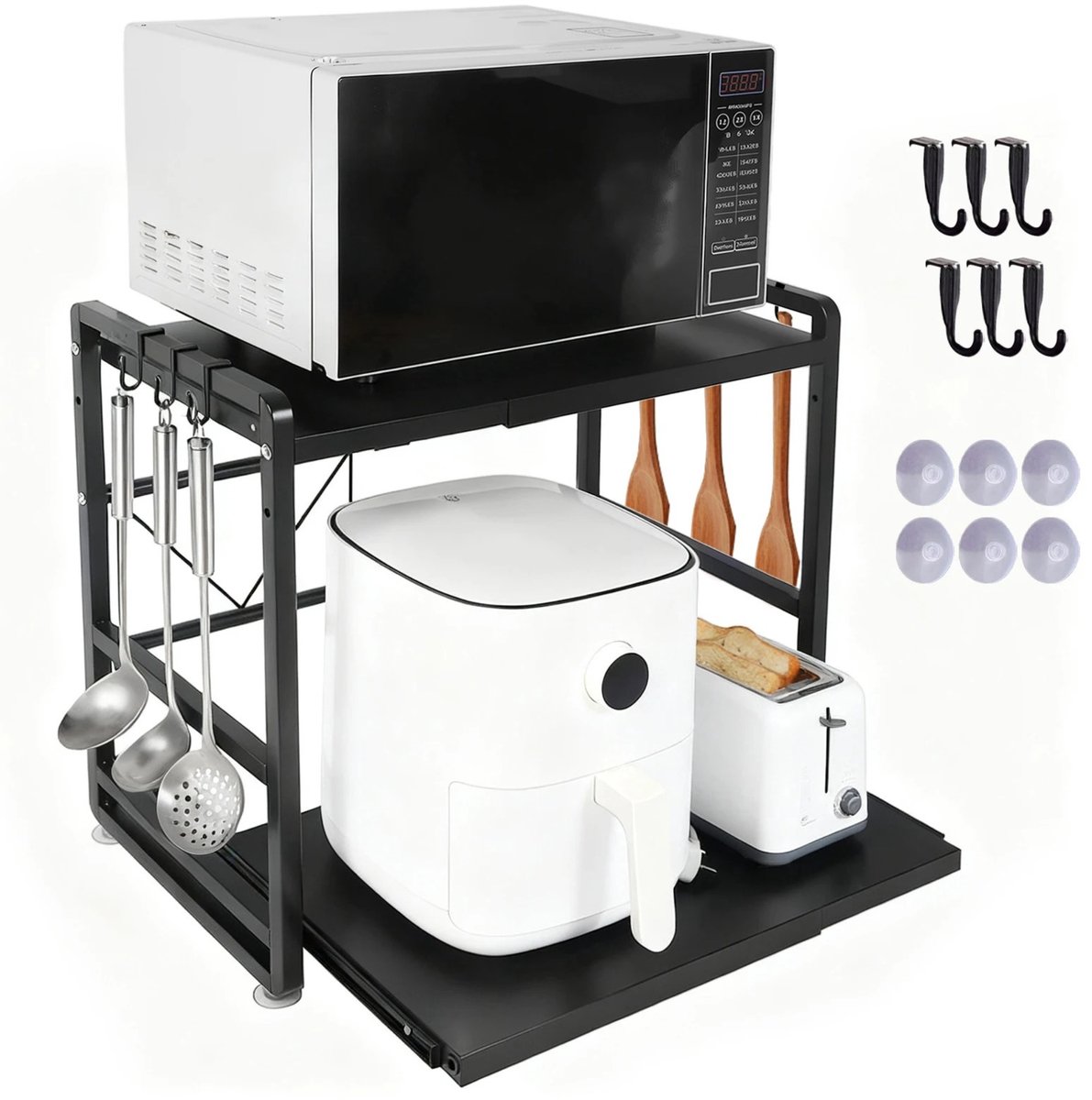 Noventra - Magnetronrek - Magnetron Standaard - Keukenrek met Uittrekbare Plank - Keuken Organizer - uitschuifbaar - Opbergrek voor Magnetron & Keukenapparaten - Zwart