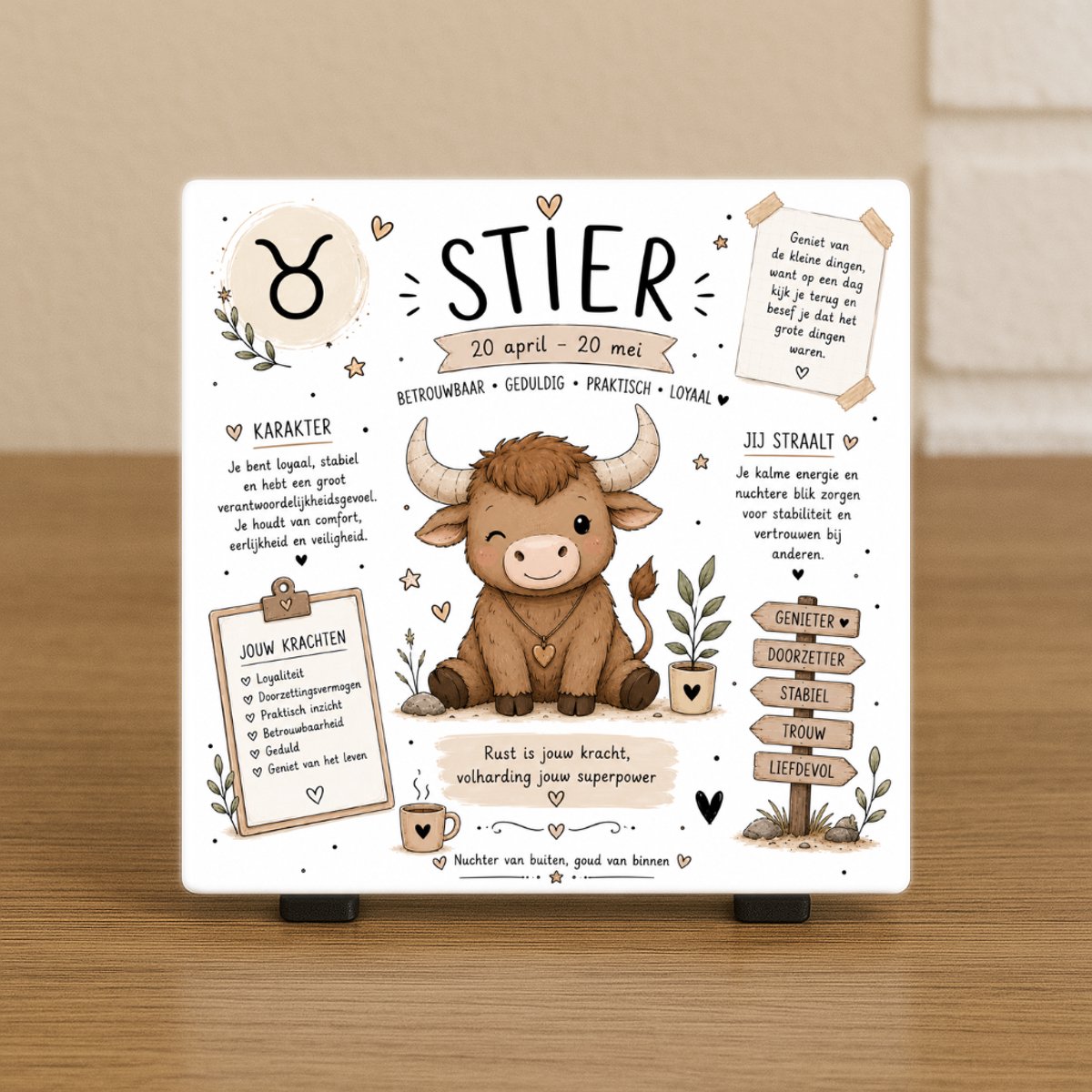 Wenstegeltje "Horoscoop Stier" – Luxe Cadeautegel met Tekst – Perfect Cadeau voor verjaardagen, vriend(in), collega’s - Trendy nu - Keramiek - Zomaar – Cadeau – Incl standaard - Horoscoop