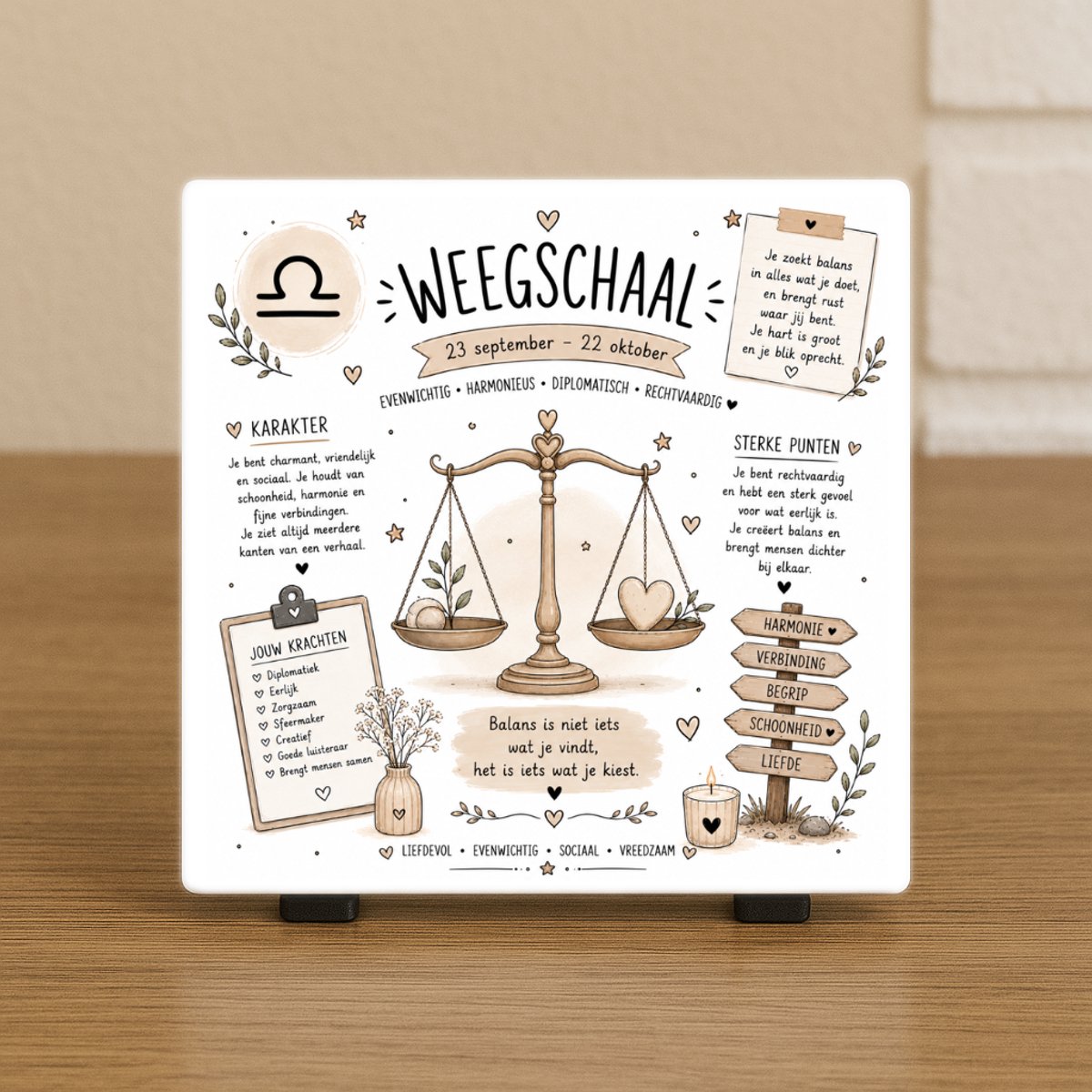 Wenstegeltje "Horoscoop Weegschaal" – Luxe Cadeautegel met Tekst – Perfect Cadeau voor verjaardagen, vriend(in), collega’s - Trendy nu - Keramiek - Zomaar – Cadeau – Incl standaard - Horoscoop