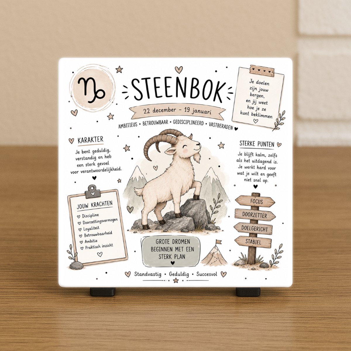 Wenstegeltje "Horoscoop Steenbok" – Luxe Cadeautegel met Tekst – Perfect Cadeau voor verjaardagen, vriend(in), collega’s - Trendy nu - Keramiek - Zomaar – Cadeau – Incl standaard - Horoscoop