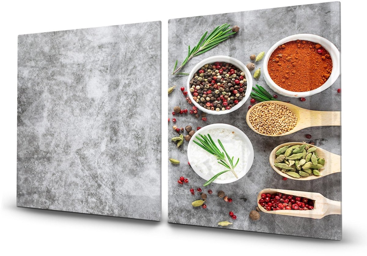 Mydesignglas Glazen Inductie Beschermer - Krasvrij Gehard Glas met Antislip - Afdekplaat voor Kookplaat - Spatscherm Achterwand Keuken - Kruiden & Specerijen, grijze achtergrond - 2x40x52