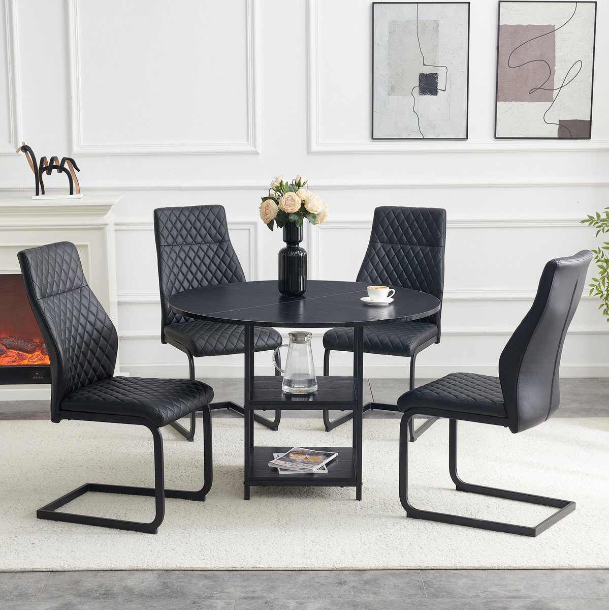 MODFU Set Tafel En Stoelen - Ronde Eettafel 107 Cm - 4 Stoelen - Zwart - Industrieel