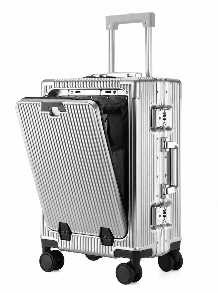 Loushops - Koffer - Reiskoffer - Reiskoffer met wielen - Koffer handbagage - Vooropening - Bekerhouder - 36 × 24 × 56 cm - Zilver
