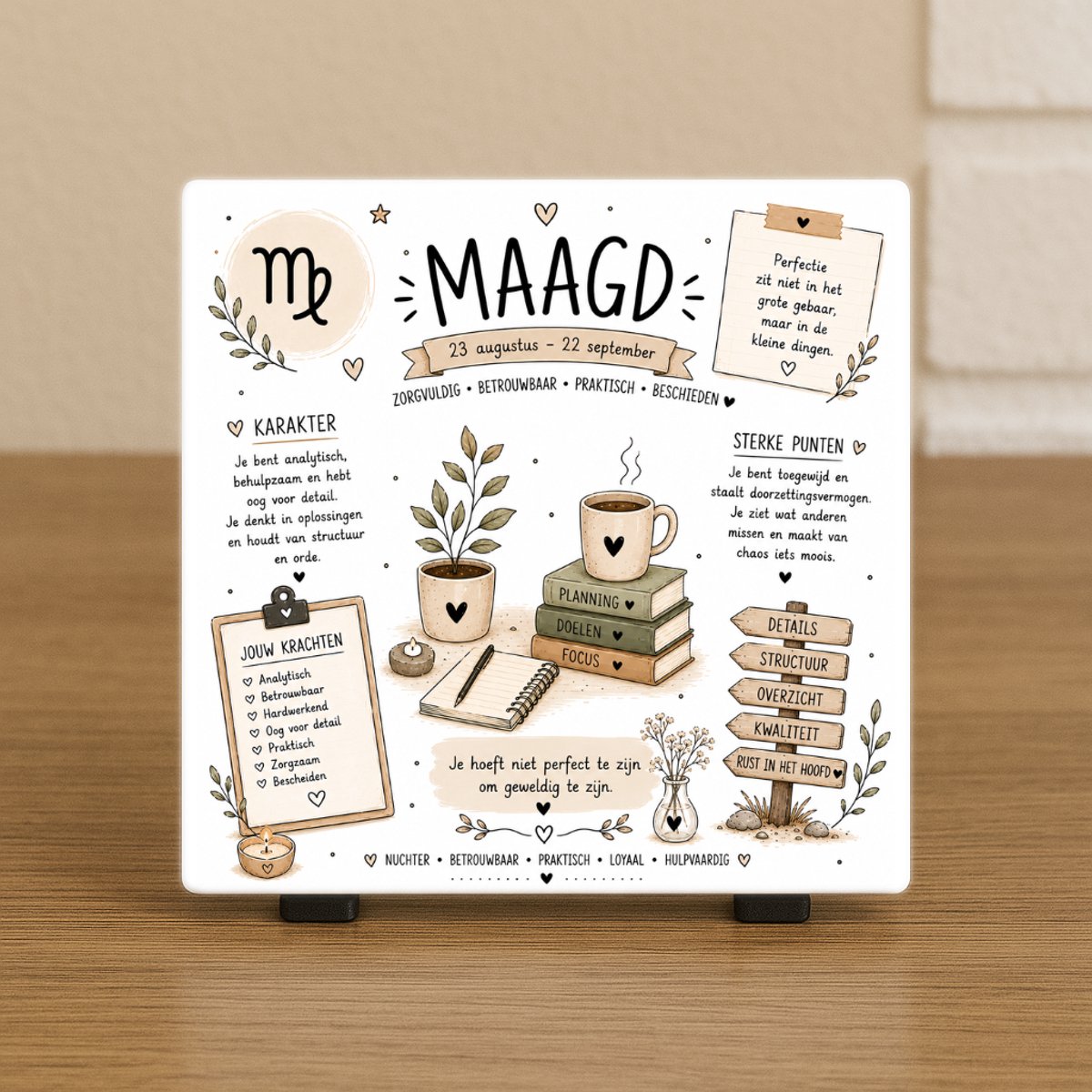 Wenstegeltje "Horoscoop Maagd" – Luxe Cadeautegel met Tekst – Perfect Cadeau voor verjaardagen, vriend(in), collega’s - Trendy nu - Keramiek - Zomaar – Cadeau – Incl standaard - Horoscoop