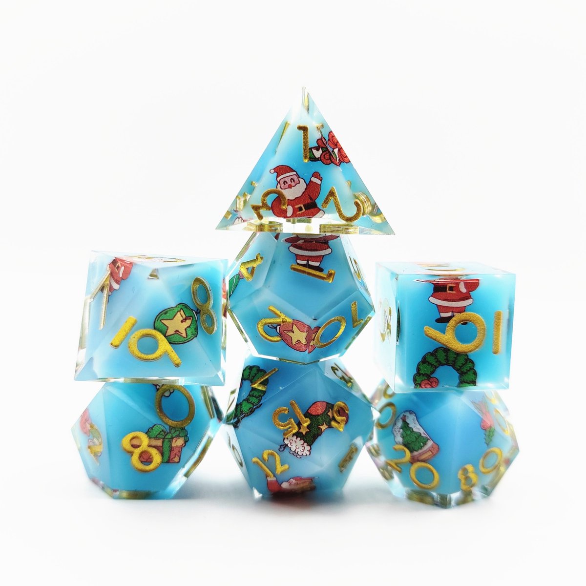 Lapi Toys - Dungeons and Dragons dobbelstenen - D&D dobbelstenen - D&D polydice - 1 set (7 stuks) - Kerst - Resin - Met kerstman en kerstboom D4 - Lichtblauw - Goud
