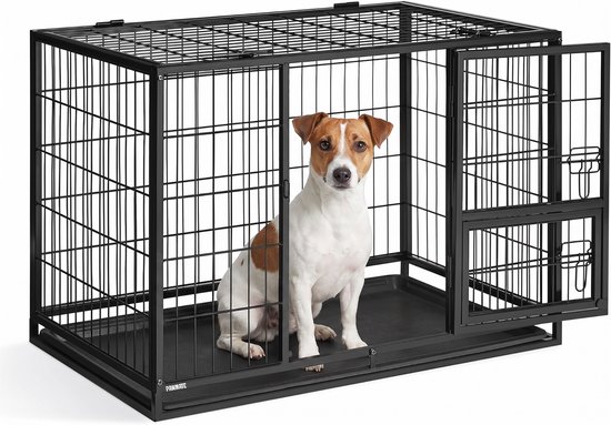 Zwarte hondenbench met één deur open, met een Jack Russell Terriër erin zittend.