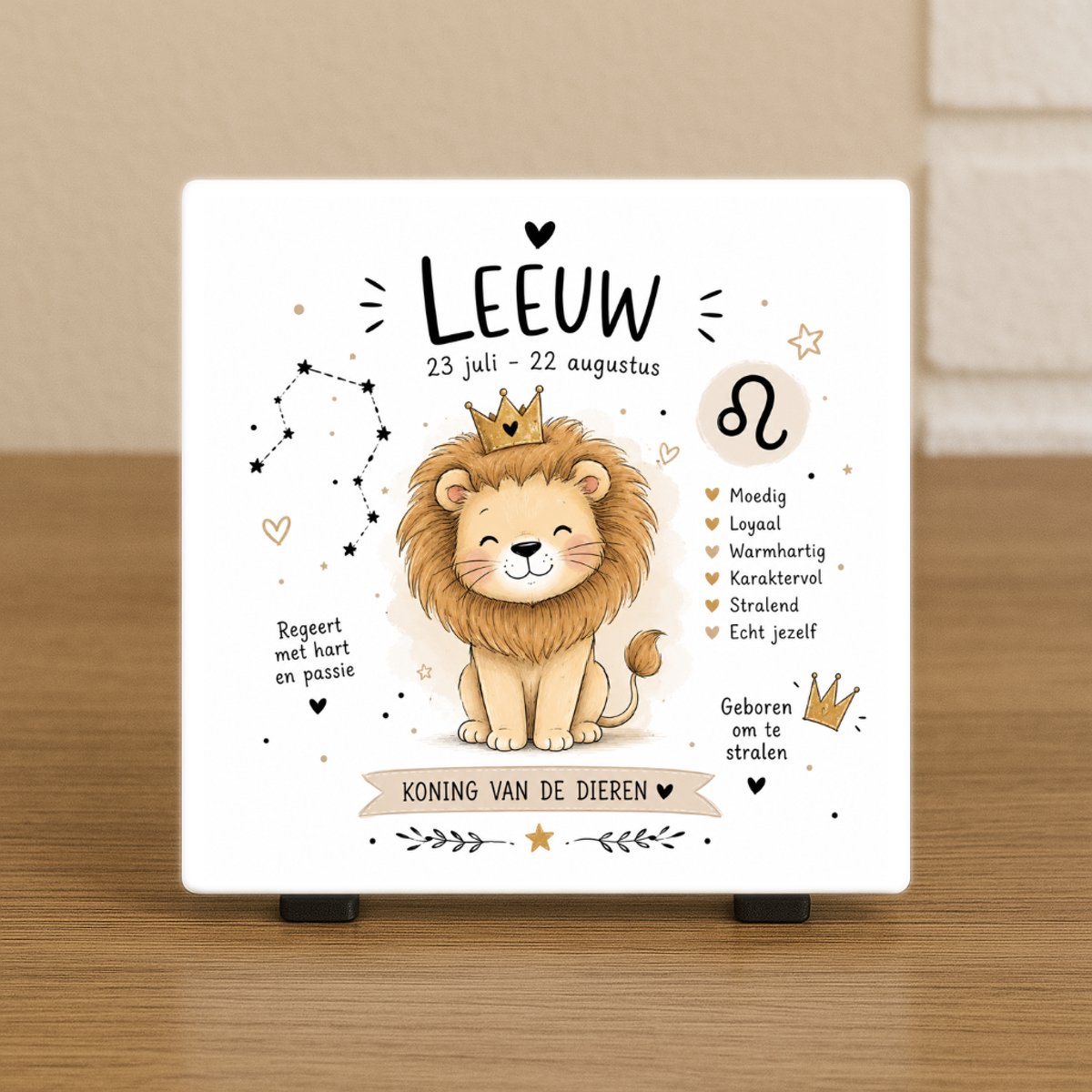 Wenstegeltje "Horoscoop Leeuw" – Luxe Cadeautegel met Tekst – Perfect Cadeau voor verjaardagen, vriend(in), collega’s - Trendy nu - Keramiek - Zomaar – Cadeau – Incl standaard - Horoscoop