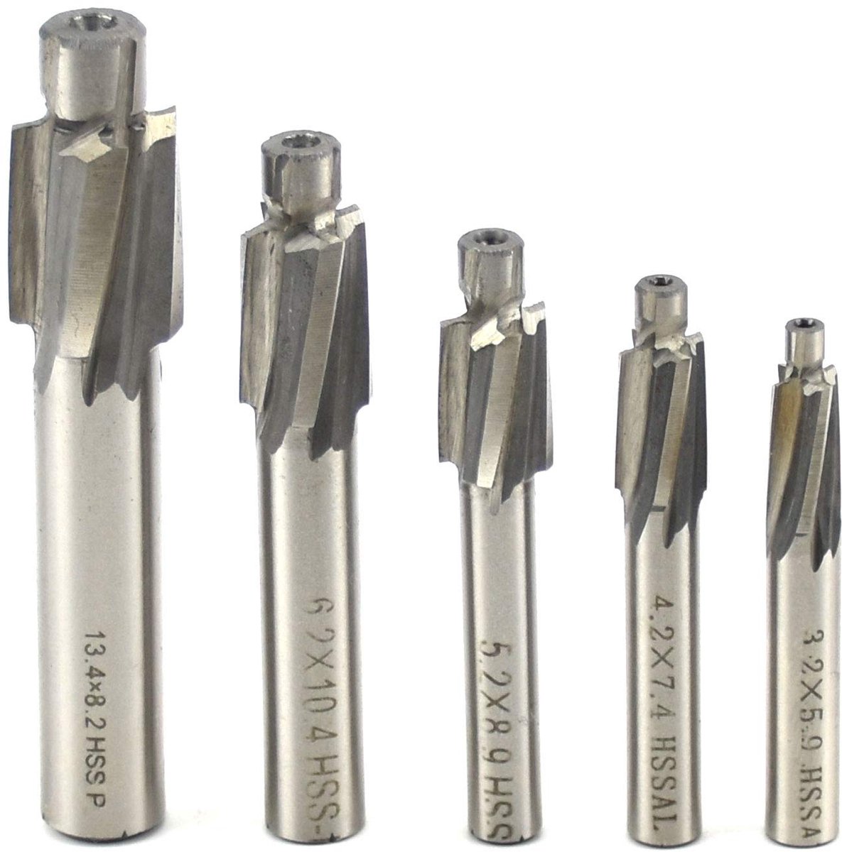 5 stuks verzonken schachtfrees, platte verzonken set, cutter sleufboor, CNC-draaifrees, set gereedschap M3, M4, M5, M6, M8, 4 fluiten, HSS-AL voor koper, aluminium, staal, gietijzer (grijs)